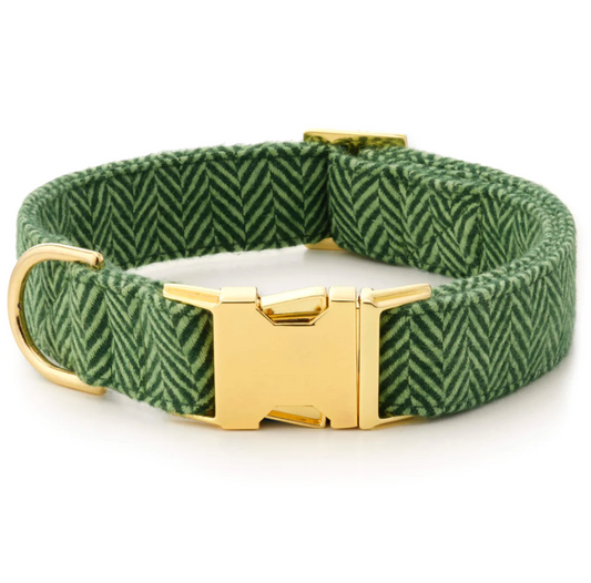 Green Herringbone Flannel Dog Collar